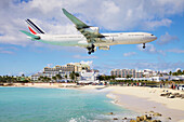 Airplane Over Maho Beach; Sint Maarten, Dutch West Indies