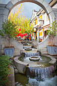 Water Cascades Through Chinese Architectural Features; Dali, Yunnan Province, China