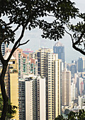 Wolkenkratzer auf Hong Kong Island vom Victoria Peak aus gesehen mit Schiffen im Victoria Harbour im Hintergrund; Hong Kong, China