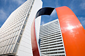 Skyscrapers And An Orange Curved Sculpture; Stockholm, Sweden