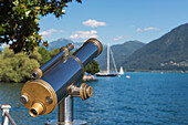 Sailboats On Lake Maggiore With A Telescope In The Foreground; Locarno, Ticino, Switzerland
