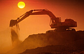 Earthmoving, Excavator at Work, Sunset Silhouette