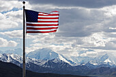 American Flag and Mountains, Denali National Park, Alaska, USA