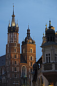 Close-up of the Church of the Holy Virgin Mary and Cloth Hall, Main Market Square, Krakow, Poland.