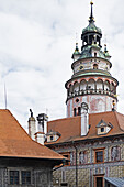 Close-up of tower, Cesky Krumlov Castle, Cesky Krumlov, Czech Republic.