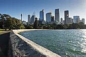 Seawall at Farm Cove with skyline and harbour on a sunny day in Sydney, Australia