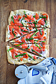 Thin Crust Salmon Pizza with Onions, Capers and Asparagus