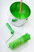 Paint Bucket and Roller With Green Paint