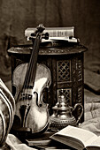 Violine und Bücher, Studioaufnahme in Schwarz-Weiß