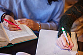 Junge Frau macht sich während des Studiums Stichpunkte und Notizen