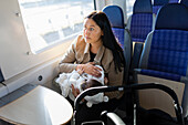 Frau im Zug mit Baby in der Hand aus hohem Winkel