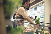 Woman putting fresh potted basil in shopping trolley
