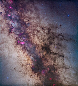 A mosaic of the region around the centre of the Milky Way in Sagittarius and Scorpius. The field takes in the Milky Way from the Cat's Paw Nebula at bottom edge to the Eagle Nebula at top left. In between from top to bottom are the Swan Nebula (M17), the Small Sagittarius Starcloud (M24), the Trifid and Lagoon Nebulas (M20 and M8) and the open clusters M6 and M7. The prominent dark nebula at right is the large Pipe Nebula (B78) with the small Snake Nebula (B72) above it. The whole complex is visible to the naked eye as the Dark Horse.