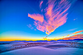 Sunset colours over White Sands National Monument, New Mexico, December 10, 2013. Venus is at left of centre. This is an HDR (High Dynamic Range) stack of 7 exposures at 2/3 stop increments from -2 to +2 EV, processed first with ACR then with Photomatix Pro. Images taken with the 14mm Rokinon lens at f/4 and Canon 5D MkII at ISO 100. While colour vibrancy has been enhanced the colours to the eye were quite vivid. The HDR technique brings out details in the dark ground while preserving the bright sky.