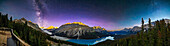 This is a panorama of Peyto Lake in Banff National Park, on the Icefields Parkway in Alberta, taken at moonrise on a very clear and mild mid-October evening. The glacier-fed lake appears its characteristic blue even when lit by starlight. It is not blended in from an earlier "blue hour" shot.