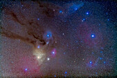The area around the head of Scorpius, including the bright star Antares at lower left of centre and the dark lanes leading to the star Rho Ophiuchi. The area is filled with colourful nebulosity, including yellow and blue reflection nebulas and magenta emission nebulas. To the right of Antares is the globular cluster Messier 4. The field is similar to what binoculars would take in.