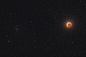 The Moon in mid-total eclipse, on January 20, 2019, with it shining beside the Beehive star cluster, Messier 44, in Cancer. This was the unique sight at this eclipse as it can happen only during total lunar eclipses that occur in late January. There was one on January 31, 2018 but the next will not be until 2037.