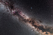The northern summer Milky Way through the area of the Summer Triangle, showing the change in colour as the Milky Way heads south toward the dustier regions around the galactic core.