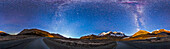 The Columbia Icefields and Athabasca Glacier in Jasper National Park, just before the waning Moon rose over the mountains to light the foreground, but as it was already lighting the peaks around the Icefields. The Milky Way is fading into the blue sky of a moonlit night. The Moon is rising just left of centre below the Pleiades cluster. The Big Dipper is at far left to the north.