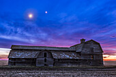The waxing crescent Moon and Venus, in haze, over the old barn near home in southern Alberta. Clouds in the west thwarted plans tonight to shoot from the mountains so I the best of my local venue, though even here clouds fuzzed the Moon and Venus.