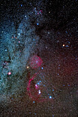 Orion and Taurus (at top) beside the Milky Way, with Betelgeuse dimmer than usual at this time (about magnitude +1.3) during one of its fading episodes. The Taurus Dark Clouds are at top. Barnard’s Loop, apparently now thought to be a supernova remnant and not a bubble, is at lower left encircling Orion. The Rosette Nebula is at far left. The Auriga clusters and nebulas are at top, as is M35 in Gemini.