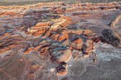 Aerial view of the colorful Bentonite Hills, near Hanksville, Utah, with early morning light.