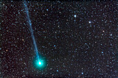 Komet Lovejoy (C/2104 Q2) in der Nacht vom 27. auf den 28. Dezember 2014 bei seiner Annäherung an den Kugelsternhaufen M79 oben rechts im Sternbild Lepus. Dies ist ein Stapel von 5 x 3 Minuten Belichtung bei ISO 2500 mit der Canon 5D MkII und dem TMB 92mm Refraktor bei f/4.4. Aufgenommen in der Nähe von Silver City, New Mexico.