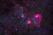 Dies ist eine Aufnahme des reichen Spektrums an Sternhaufen und Nebeln in der zentralen Auriga. Der große Sternhaufen Messier 38 befindet sich oben links, der kleine Haufen NGC 1907 direkt darunter. Der kleinere Sternhaufen Messier 36 ist links zu sehen. M38 wird oft als Seesternhaufen bezeichnet, während M36 der Pinwheel-Haufen ist.