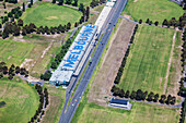 Luftaufnahme der Albert-Park-Rennstrecke in Melbourne, Australien (Boxenbereich)