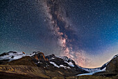 The Milky Way and galactic core area over Mount Andromeda (centre), Mount Athabasca (left) and the Athabasca Glacier (right) at the Columbia Icefields, on a very clear night July 27, 2020.