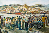 Detail eines Gemäldes auf dem Foru Plaza, an der Decke der Arkaden des Platzes, Orduña, Baskenland, Spanien