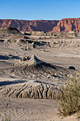 Eroded geologic formations in the barren landscape in Ischigualasto Provincial Park in San Juan Province, Argentina.