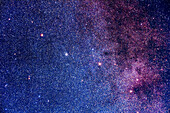 The small constellation of Sagitta the Arrow, in the Milky Way. The small globular cluster, Messier 71, is between Gamma Sagittae and Delta Sagittae. Below M71 is the very sparse star cluster Harvard 20. The emission nebula Sharpless 2-84 is supposedly at centre but does not show up here except perhaps as a dim blue area of reflection nebulosity, though there is some faint red emission nebulosity at lower right.