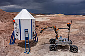 Der Project Scorpio Mars Rover arbeitet auf dem Mars Lander im Rahmen der University Rover Challenge. Forschungsstation in der Marswüste, Utah. Breslauer Universität für Wissenschaft und Technologie, Polen.
