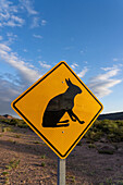 Ein Wildtier-Warnschild für die kaninchenähnliche Patagonische Mara im Talampaya National Park, Provinz La Rioja, Argentinien.