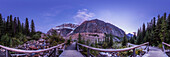 A 360° ground to zenith panorama of the Mt. Edith Cavell area from the Trail of the Glacier pathway, at the footbridge crossing Cavell Creek. I shot this at twilight, just after sunset. It is a stitch, with PTGui software, of 8 segments at 45° spacings with the 15mm full-frame fish-eye lens and Canon 6D. Each was 0.4 seconds at ISO 100 and f/4. (I should have stopped down some more!)