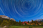 A composite of 233 images, taken with the Canon 5D MkII and 16-35mm lens, at Bow Lake in Banff, showing circumpolar star trails across the sky looking north over Num-Ti-Jah Lodge. Each image was 50 seconds, taken at 1s intervals at ISO 1250 and at f/4. Stacked in Photoshop using Chris Schur's Photoshop Action.