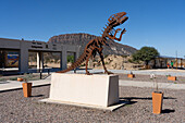 A metal sculpture of a dinosaur outside the museum in the Ischigualasto Provincial Park, San Juan Province, Argentina.