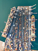 Aerial vertical view taken by drone of cargo port of La Spezia, Liguria district, Italy, Europe
