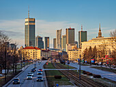 Independence Avenue and City Centre Skyline at sunset, Warsaw, Masovian Voivodeship, Poland, Europe