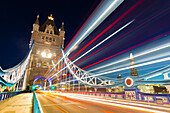 Tower Bridge and light traffic trails, The Shard in the background, London, England, United Kingdom, Europe