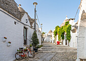 Whitewashed trulli houses along street in the old town, UNESCO World Heritage Site, Alberobello, Puglia, Italy, Europe