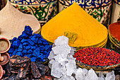 Blue Nila, pepper and saffron for sale in a souk, Marrakech, Morocco, North Africa, Africa