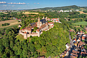 Aerial of Comburg Benedictine Monastery, Steinbach, Kocher Valley, Schwabisch Hall, Hohenlohe, Baden-Wurttemberg, Germany, Europe