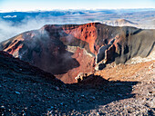 Neuseeland, Waikato, Tongariro National Park, Dampfaufstieg über dem Krater des Mount Ngauruhoe