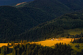 Ukraine, Gebiet Iwano Frankiwsk, Bezirk Werchowyna, Dorf Dzembronya, Hütten zwischen Bergen in den Karpaten