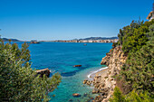 View of hotels overlooking Playa Den Bossa Beach, Ibiza Town, Eivissa, Balearic Islands, Spain, Mediterranean, Europe