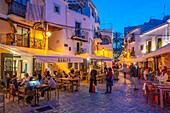 View of restaurants and bars in Dalt Vila at dusk, UNESCO World Heritage Site, Ibiza Town, Eivissa, Balearic Islands, Spain, Mediterranean, Europe