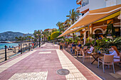 View of promenade and cafe, Santa Eularia des Riu, Ibiza, Balearic Islands, Spain, Mediterranean, Europe