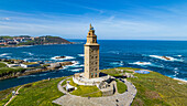 Luftaufnahme des Herkulesturms, UNESCO-Weltkulturerbe, La Coruna, Galicien, Spanien, Europa